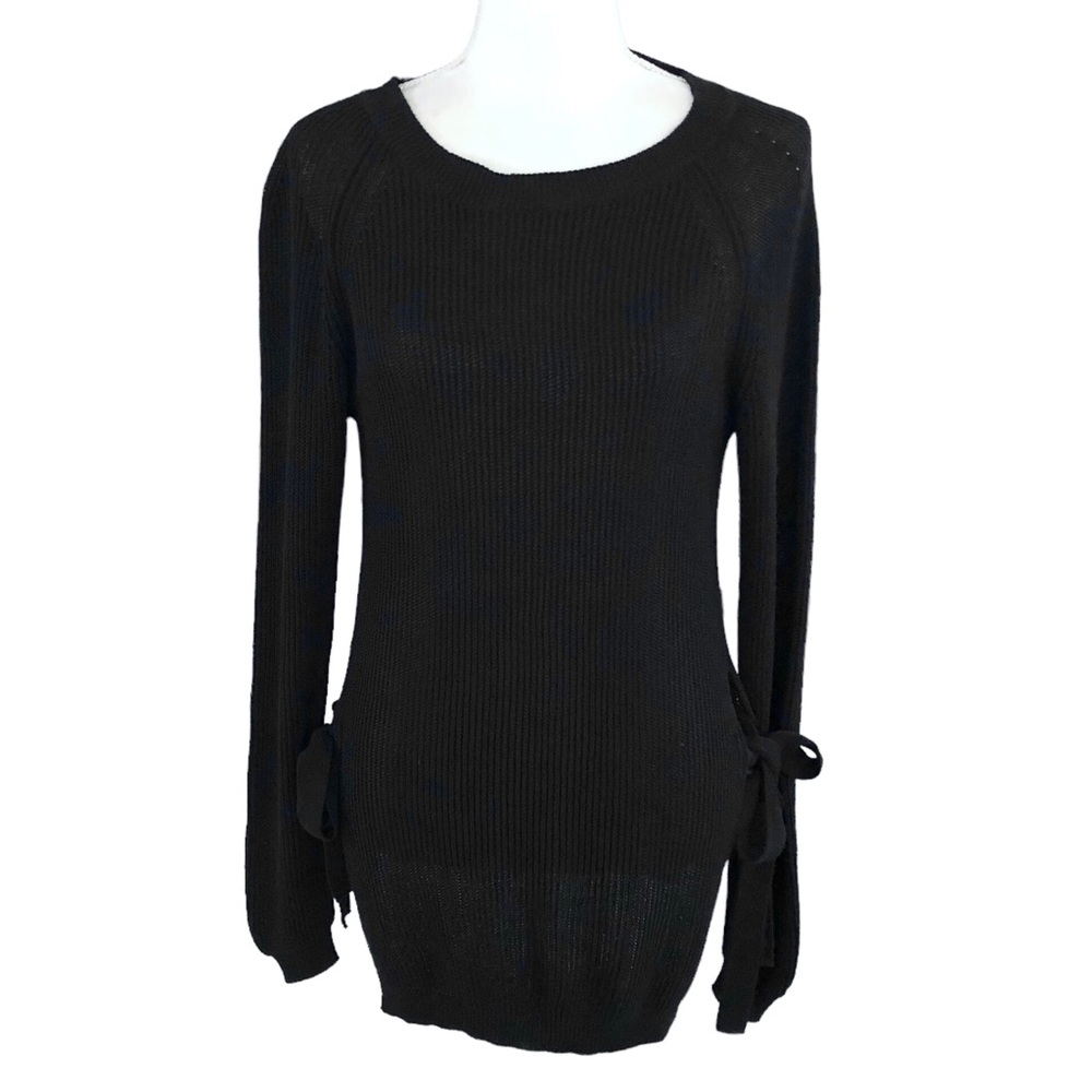 ViCOLO Black Sheer Ribbed Knit Sweater With Side Ties Size M 100% Cotton NEW